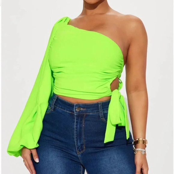 Fashion Nova Cora Top Off The Shoulder Long Sleeve in Neon Green New NWT Size XL - Picture 1 of 6